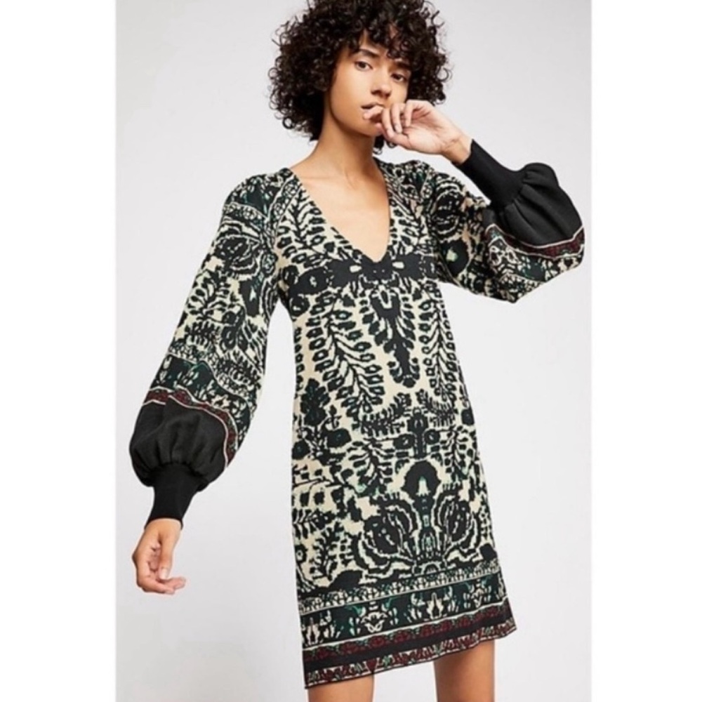 Free People Music and Lyrics Sweater Mini Dress - Black/Green - Size Medium